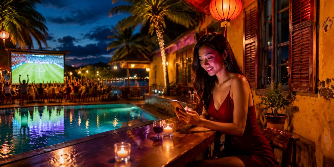 Người dùng trải nghiệm casino trực tuyến trên điện thoại tại phố cổ Hội An về đêm