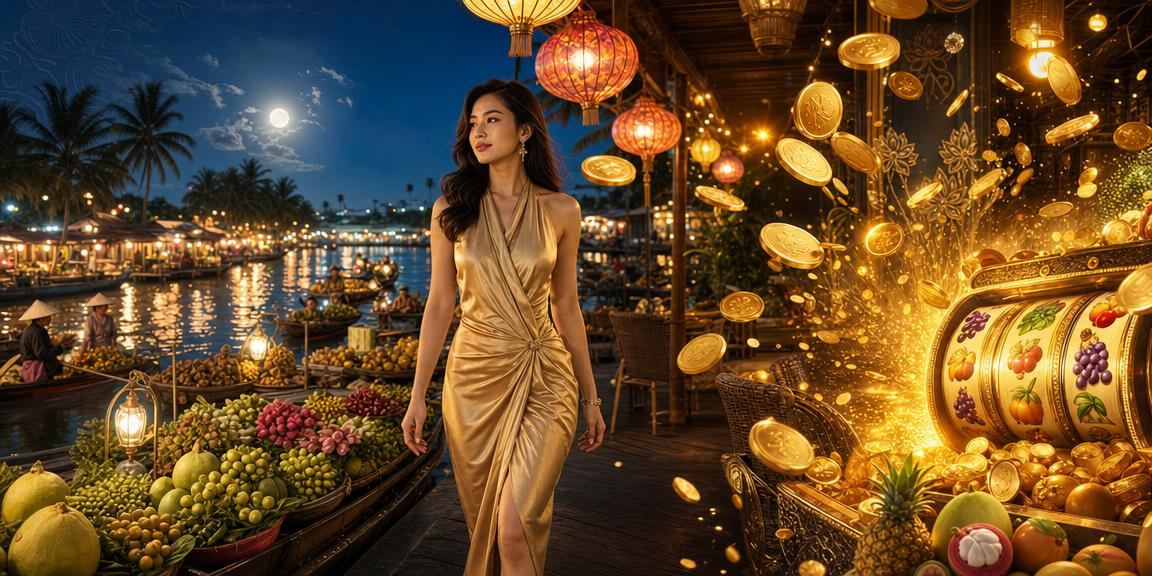 Người dùng tại chợ đêm Mekong đang chơi slot game và giải trí trực tuyến trên điện thoại