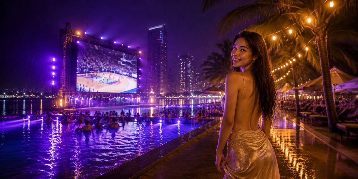 Người chơi tập trung trải nghiệm poker và bóng rổ neon trong khu vui chơi tại Nha Trang